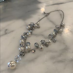 Silver hanging pearl and crystal necklace